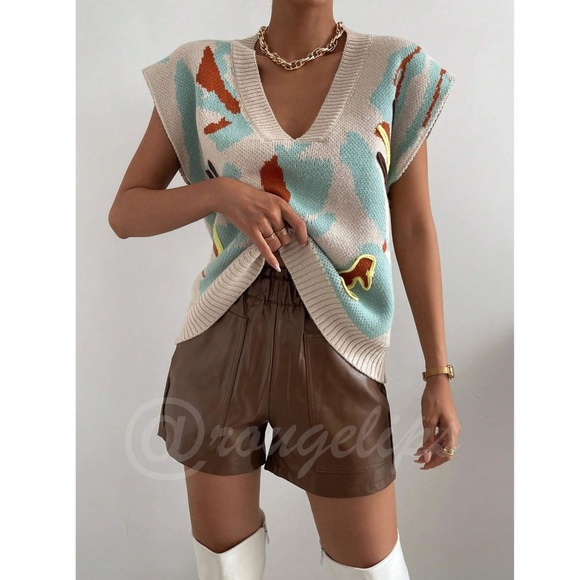 Knit Sleeveless Vest V-Neck Graphic Abstract Pattern Beige Oversized Loose Fit - Picture 5 of 11